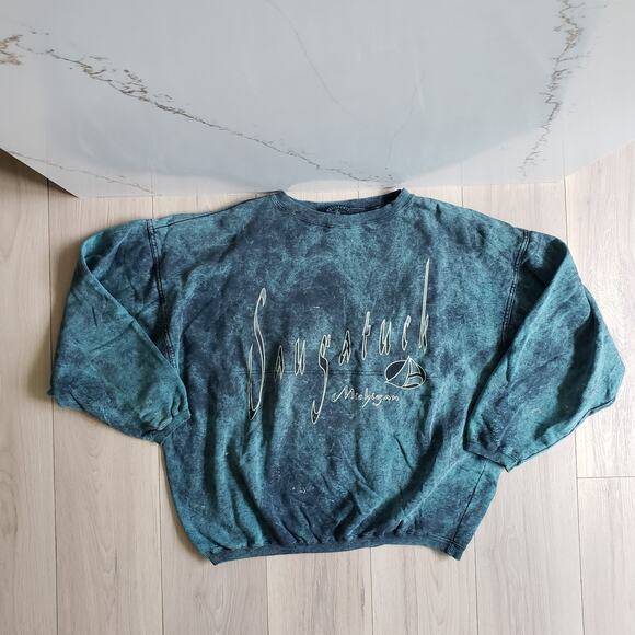 VTG Yesterdays Saugatuck Michigan Tie Dye Sweatshirt L Emerald Green Oversized - Picture 1 of 5